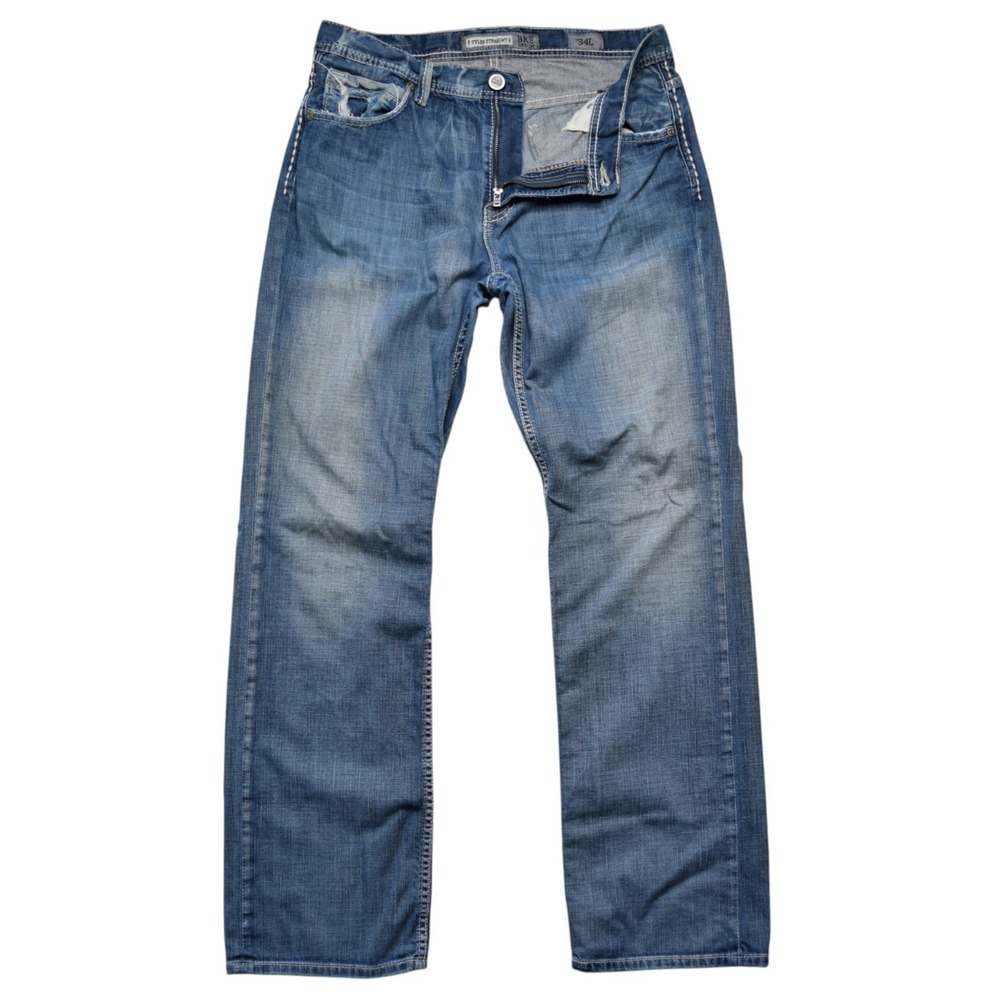 BKE Mens 34L Blue Tyler Straight Jeans Distressed Embroidered Pockets Denim